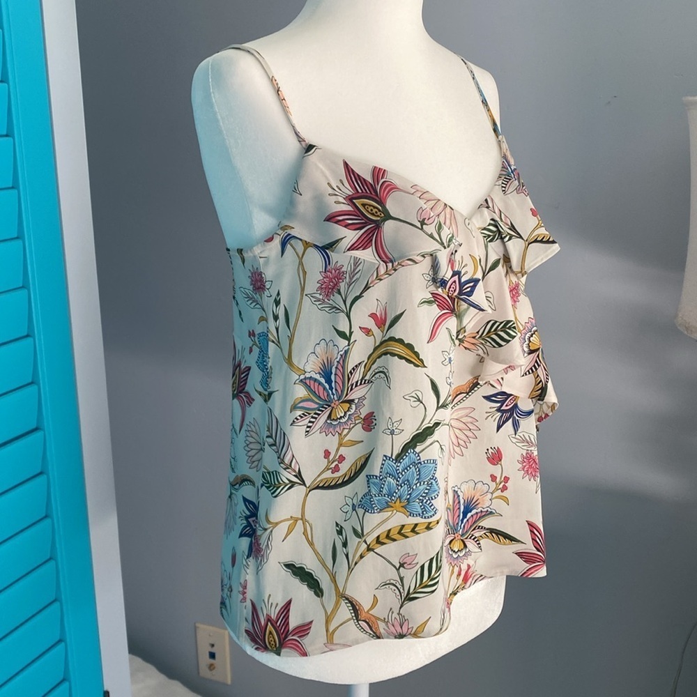 Tucker Womens Cami Tank Top Ruffle Trim Sleeveless V-Neck Floral Ivory Size XS - Picture 2 of 3